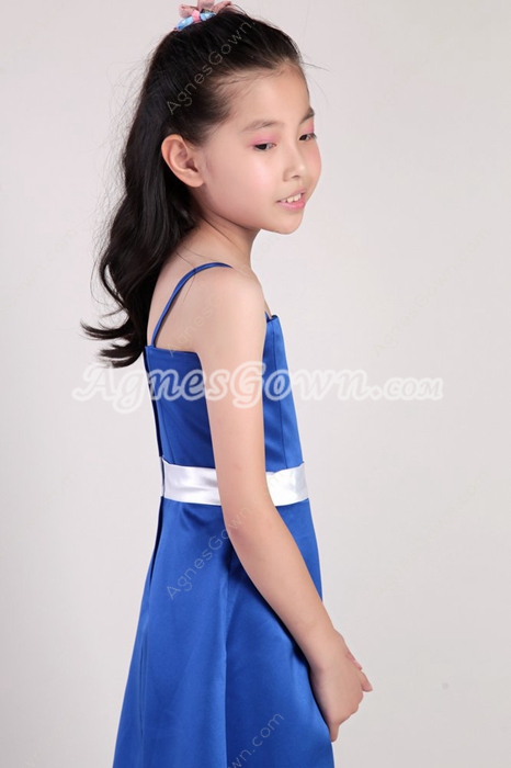 Spaghetti Straps Royal Blue Little Girls Pageant Dress With White Sash 