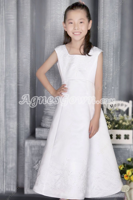 Ankle Length Square Neckline Flower Girl Dress With Beads 