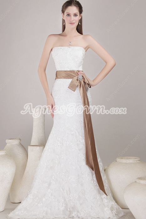 Vintage Mermaid/Fishtail Lace Wedding Dress With Brown Sash 