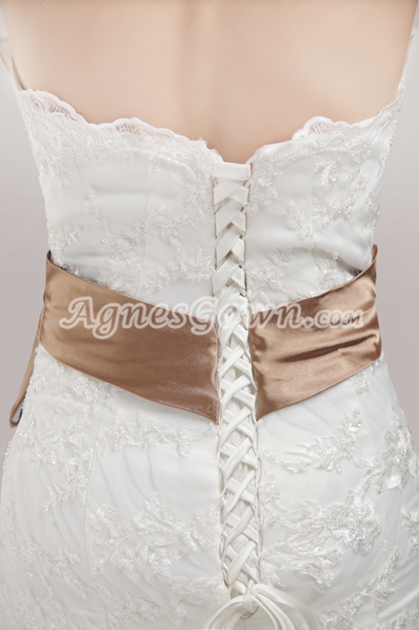 Vintage Mermaid/Fishtail Lace Wedding Dress With Brown Sash 