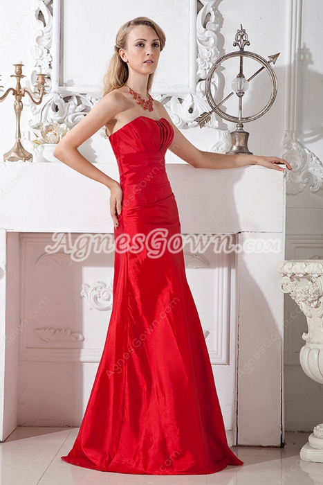 Dipped Neckline Red Taffeta Prom Party Dress With Ruched Bust 