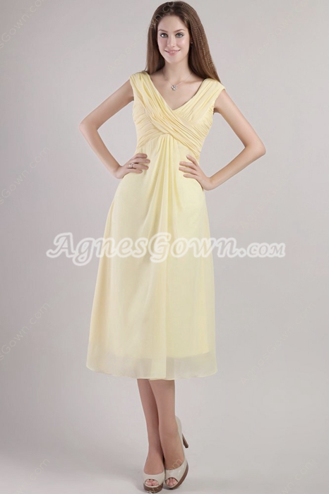 Tea Length V-Neckline Yellow Chiffon Wedding Guest Dress 
