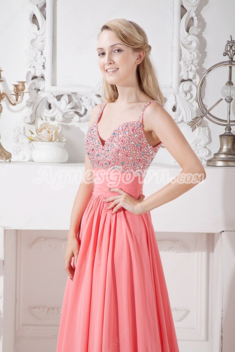 Beautiful Spaghetti Straps Watermelon Chiffon Prom Party Dress With Beads 