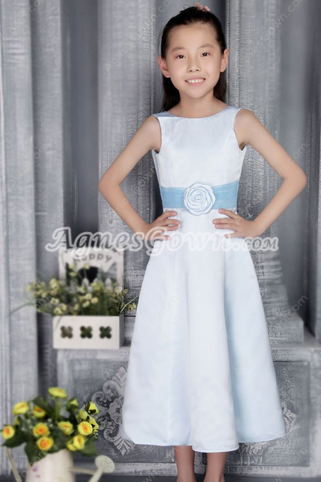 Jewel Neckline Tea Length Light Sky Blue Little Girls Pageant Dress  