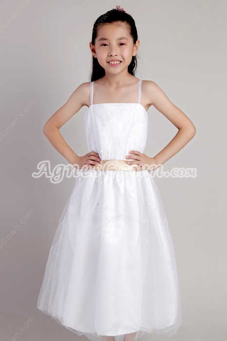 Ankle Length White Tulle Flower Girl Dress With Sequins 
