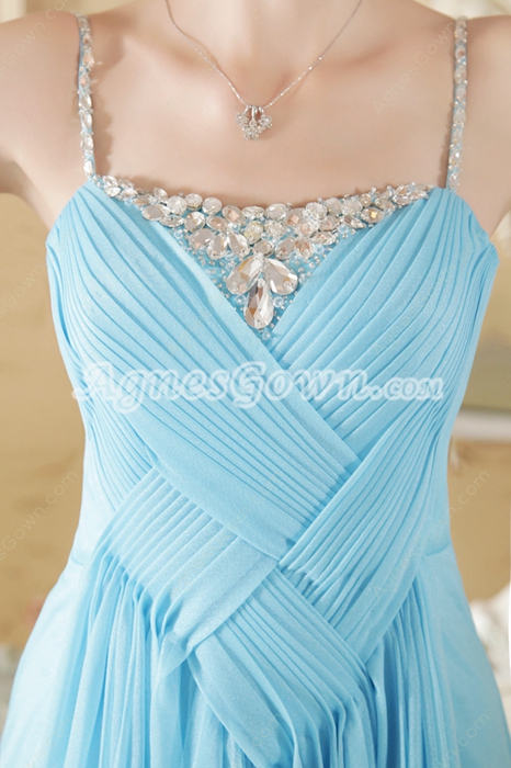 Sassy Spaghetti Straps Blue Chiffon Prom Party Dress 