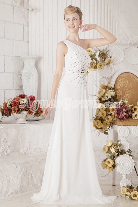 Noble One Shoulder White Chiffon Eveneing Dress With Beads 