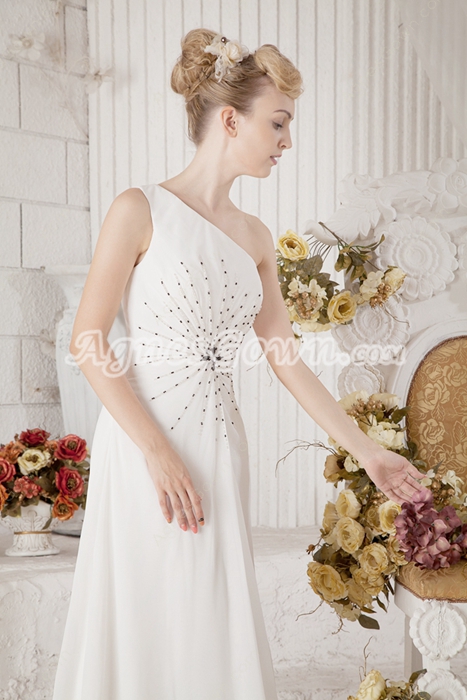 Noble One Shoulder White Chiffon Eveneing Dress With Beads 