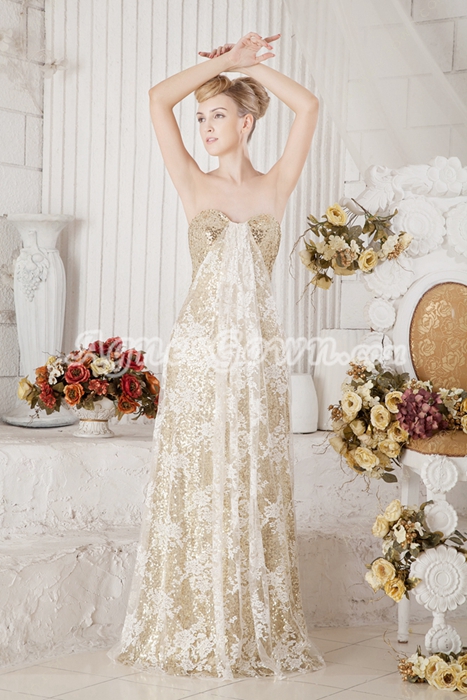 Column Full Length Gold Sequined Graduation Dress With Lace 