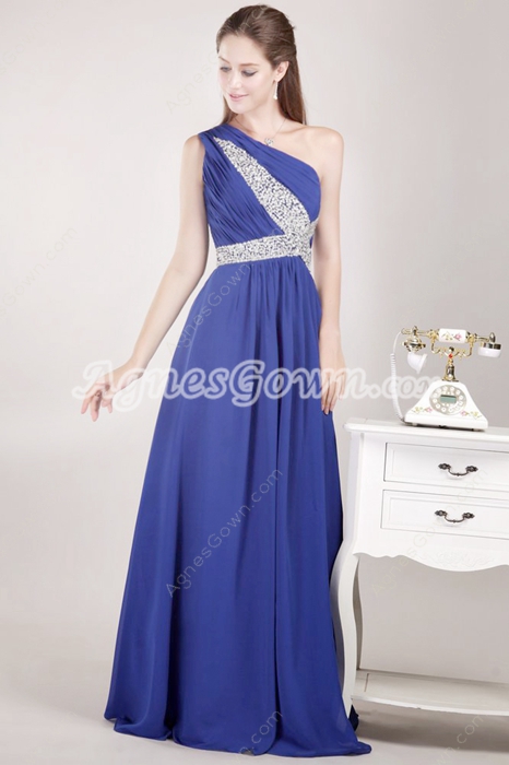 One Shoulder Royal Blue Chiffon Pageant Prom Dress 