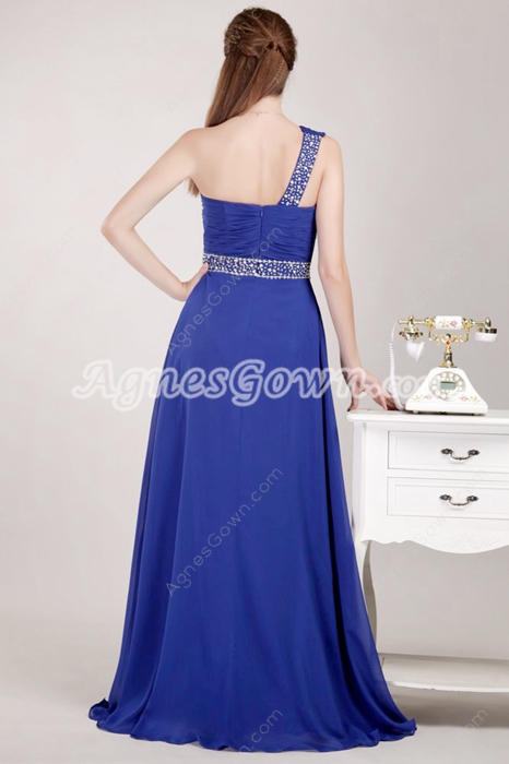 One Shoulder Royal Blue Chiffon Pageant Prom Dress 