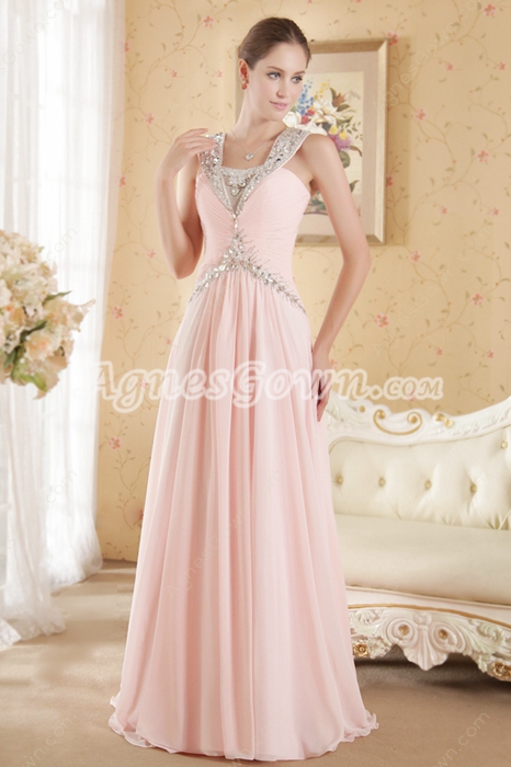 Impressive Pink Chiffon Pageant Evening Dress With Beads 