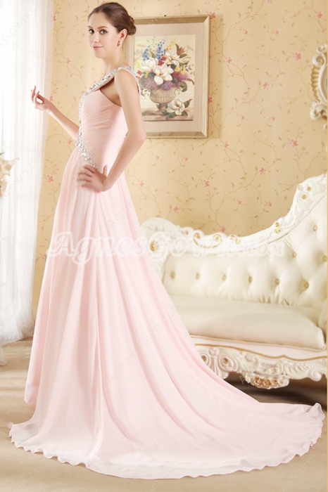 Impressive Pink Chiffon Pageant Evening Dress With Beads 