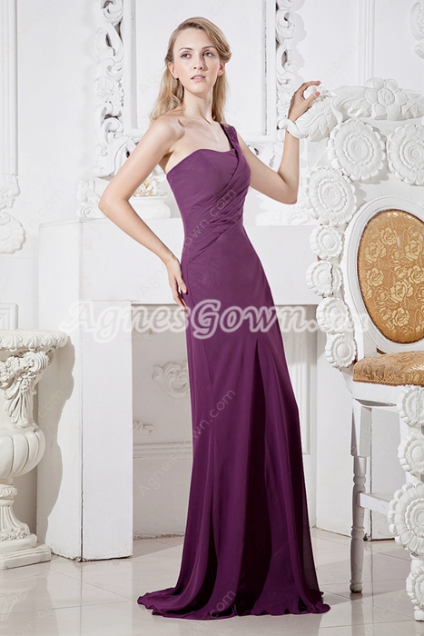 Affordable One Shoulder Grape Colored Chiffon Bridesmaid Dress 