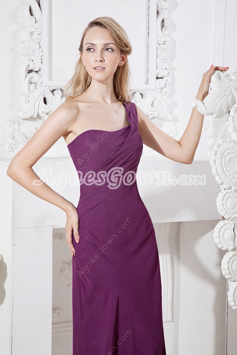 Affordable One Shoulder Grape Colored Chiffon Bridesmaid Dress 