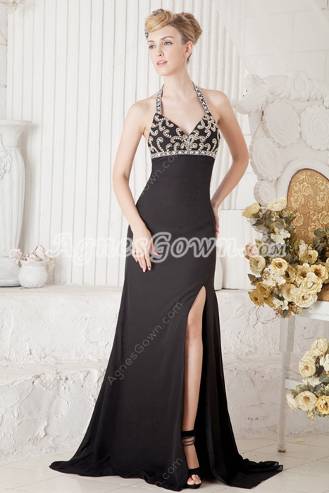 Sexy Halter Sheath Full Length Black Evening Gown 
