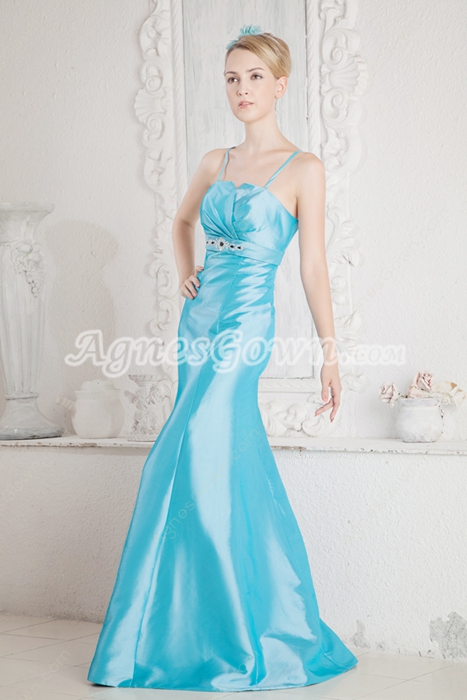 Spaghetti Straps Blue Satin Prom Party Dress 