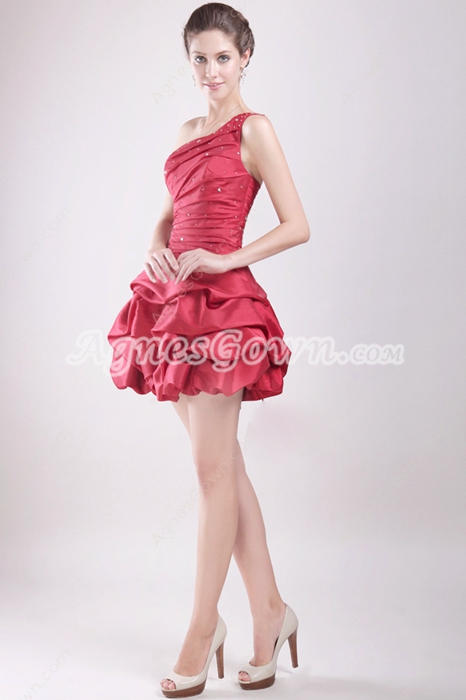 Modern One Shoulder Puffy Mini Length Red Sweet 16 Dress 