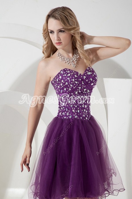 Sassy Mini Length Purple Sweet Sixteen Dress With Beads 