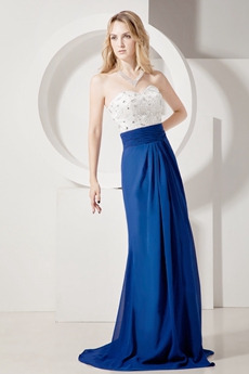 Tasteful White And Royal Blue Evening Dresses With Beaded Bodice 