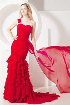 Pretty Red One Shoulder Fishtail Celebrity Dresses With Ruffles 