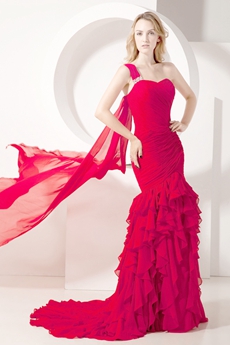 Pretty Red One Shoulder Fishtail Celebrity Dresses With Ruffles 