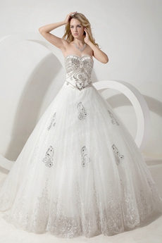 Luxury Silver And White Sparkled Wedding Dress With Butterfly 