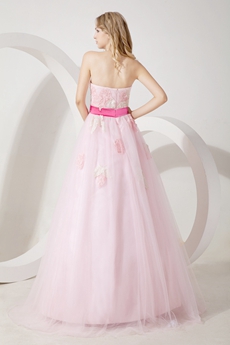 Adorable Pink Tulle Sweet 15 Dress With Fuchsia Sash   