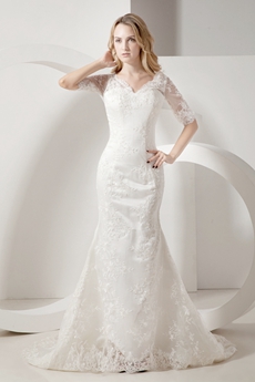 Chic Trumpet V-Neckline Lace Wedding Dresses with Sleeves