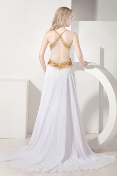 Sexy  Gold and White Informal Evening Dress with Crossed Back  