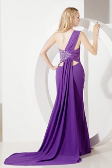 Fashionable One Shoulder Purple Chiffon Prom Dresses with Slit 