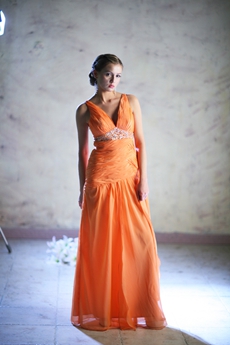 Sexy Deep V-Neckline Orange Chiffon Prom Dresses Illusion Back  