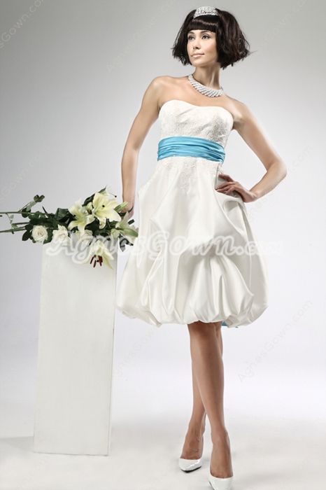 Knee Length White Beach Wedding Dress With Blue Sash 
