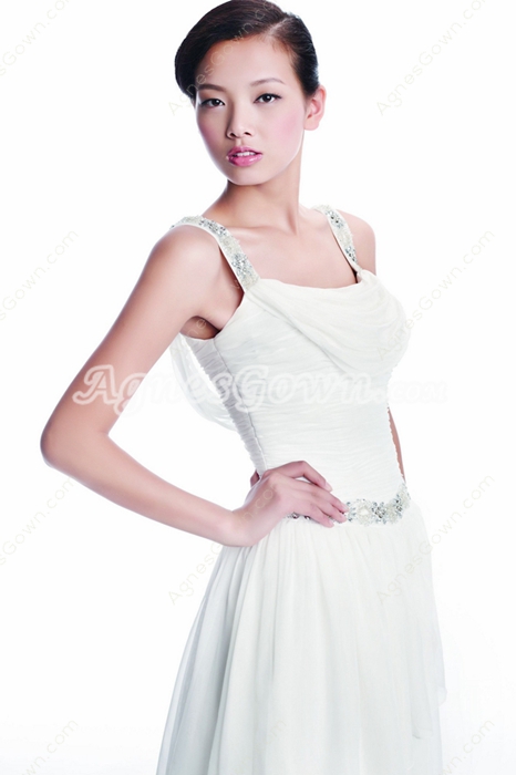 Casual Straps White Chiffon Summer Wedding Dress 