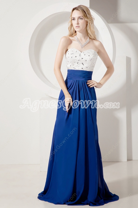 Tasteful White And Royal Blue Evening Dresses With Beaded Bodice 