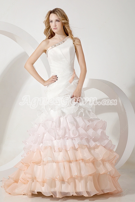 Asymmetrical Shoulder Multi-Colored Organza Wedding Dress 