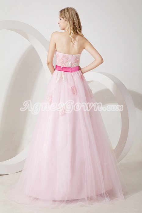 Adorable Pink Tulle Sweet 15 Dress With Fuchsia Sash   