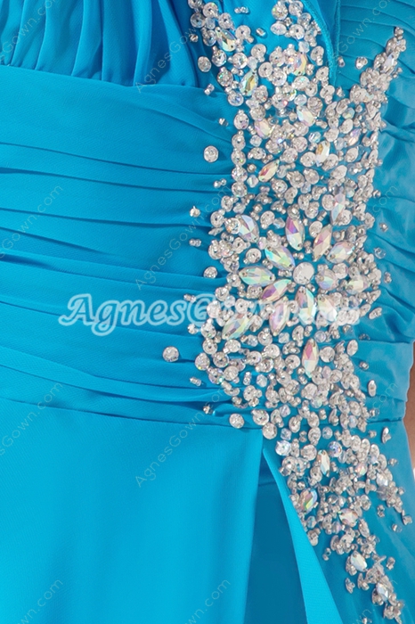 Lovely Turquoise Chiffon One Shoulder Prom Dress with Slit 