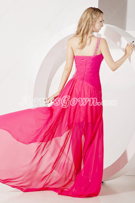 Cute Fuchsia One Shoulder High Low Prom Dress