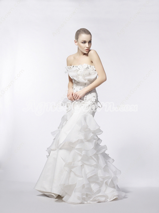 Stunning Lace And Organza Wedding Dress With Tiered Bottom 