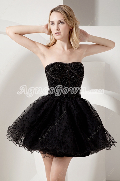 Fancy Beaded Strapless Tulle Puffy Black Party Dress
