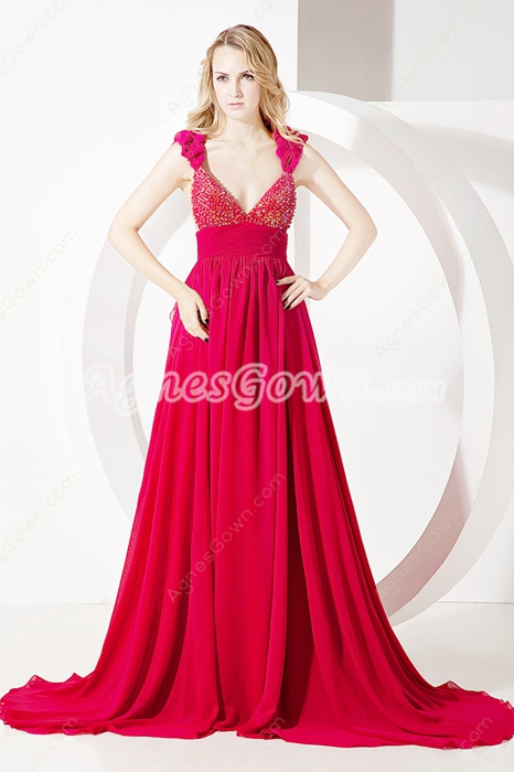 Fantastic Deep V-neckline Red Chiffon Pageant Dresses For Women 