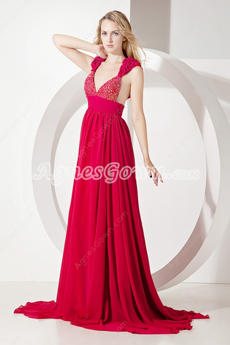 Fantastic Deep V-neckline Red Chiffon Pageant Dresses For Women 