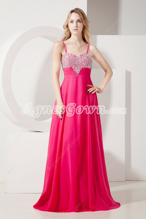 Lovely Spaghetti Straps Fuchsia Chiffon Prom Party Dress 