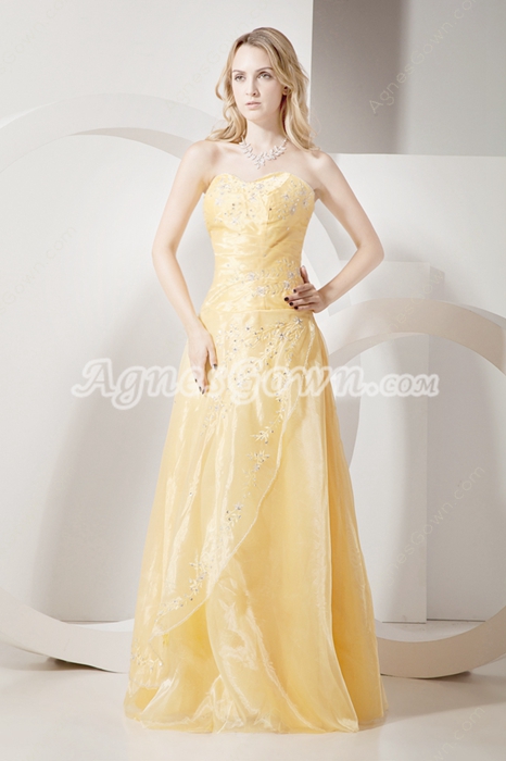 Simple Yellow Organza Quinceanera Dress with Embroidery