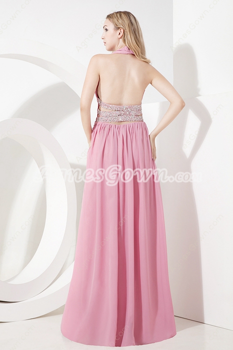 Sexy Open Back Halter Pink Chiffon Evening Dresses 