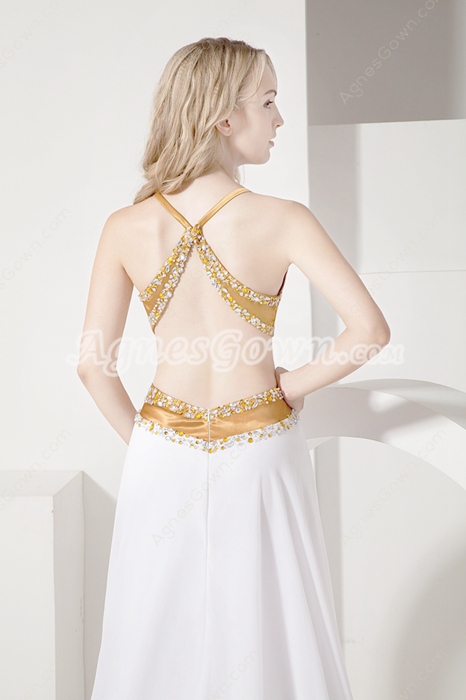 Sexy  Gold and White Informal Evening Dress with Crossed Back  