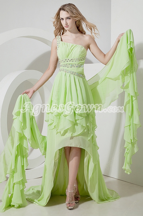 Sage Green One Shoulder Open Back Prom Dresses With Ruffles 