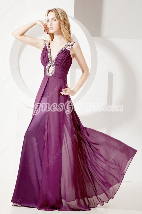 Stylish Grape Chiffon Prom Dresses With Cut Out