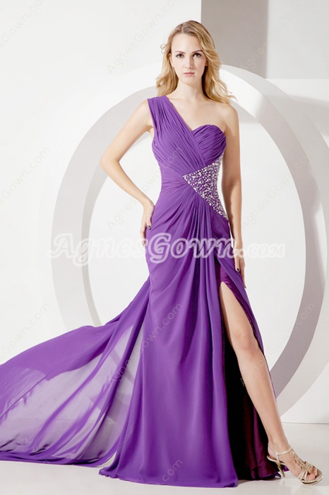 Fashionable One Shoulder Purple Chiffon Prom Dresses with Slit 